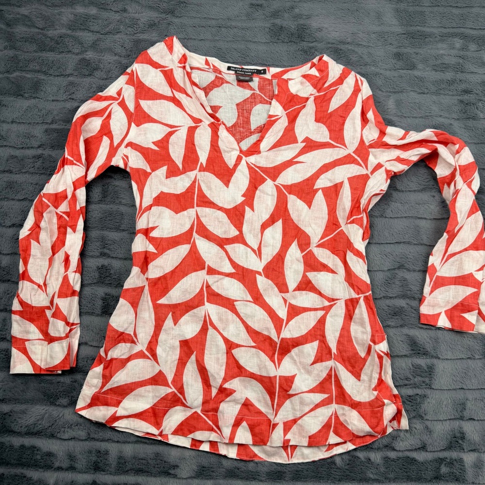 Island Company Beach Tunic Womens Small Red White Leaf Print 100% Linen V-Neck